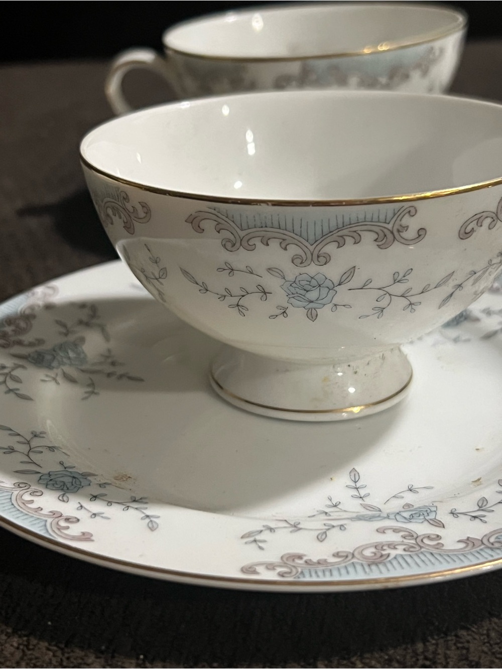 Teacup and Saucer - White with Blue Rose Accents Imperial China by W. Dalton